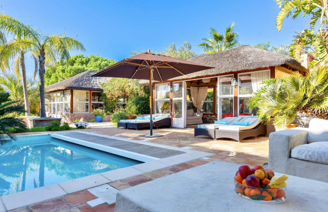 luxury pool house with outdoor kitchen, pool bar, and gigaro