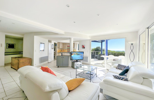 living room with fireplace and sea view - La Croix-Valmer